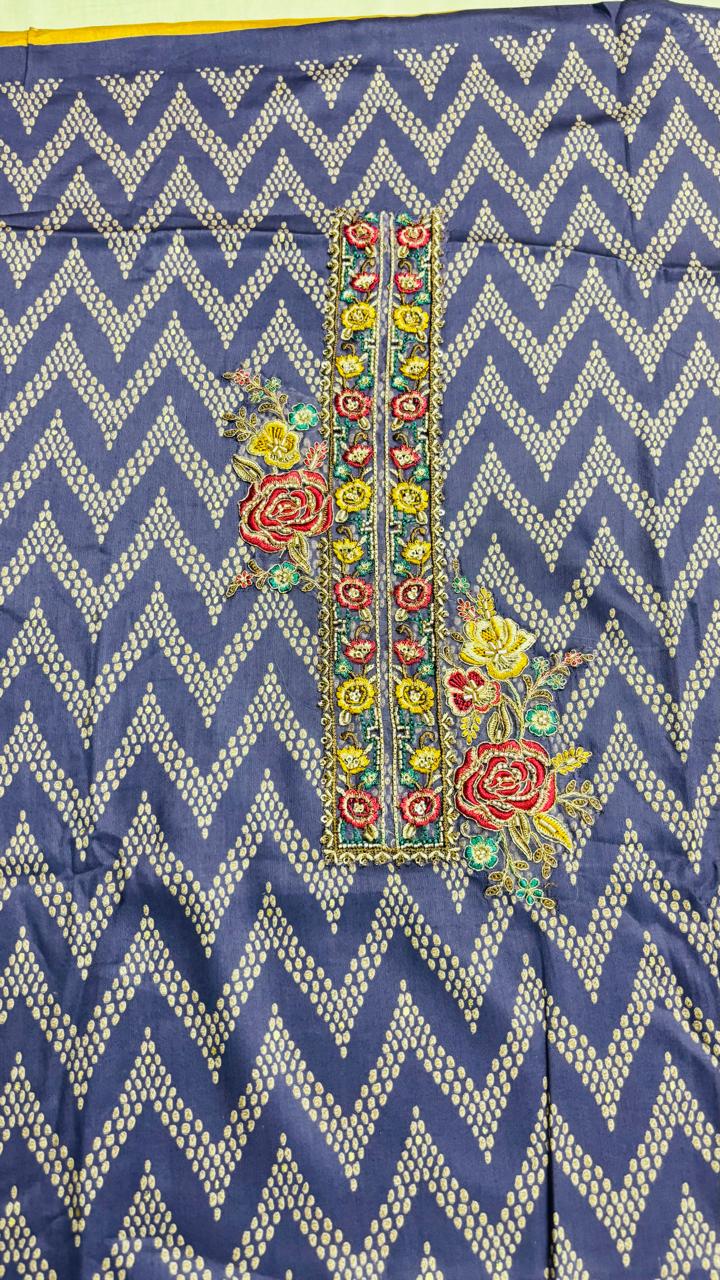 R169 - Unstiched Cotton Silk Suit with Embroidery - Navy Blue