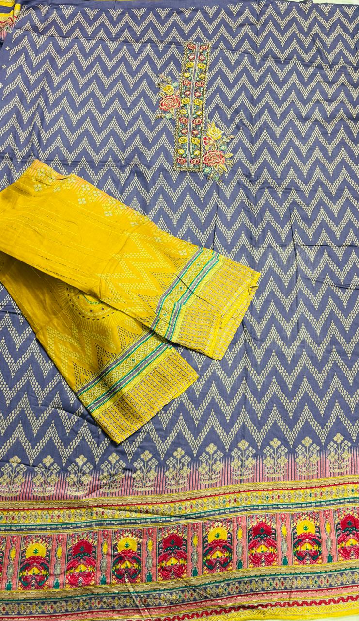 R169 - Unstiched Cotton Silk Suit with Embroidery - Navy Blue