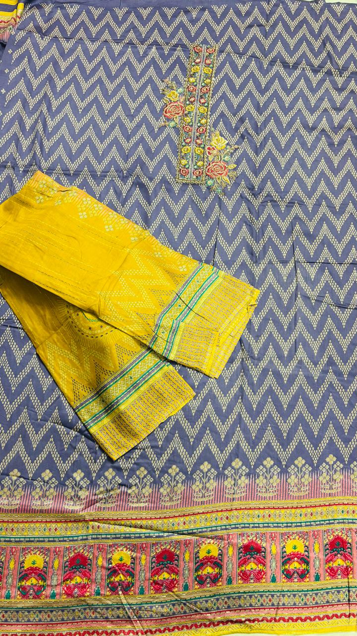 R169 - Unstiched Cotton Silk Suit with Embroidery - Navy Blue