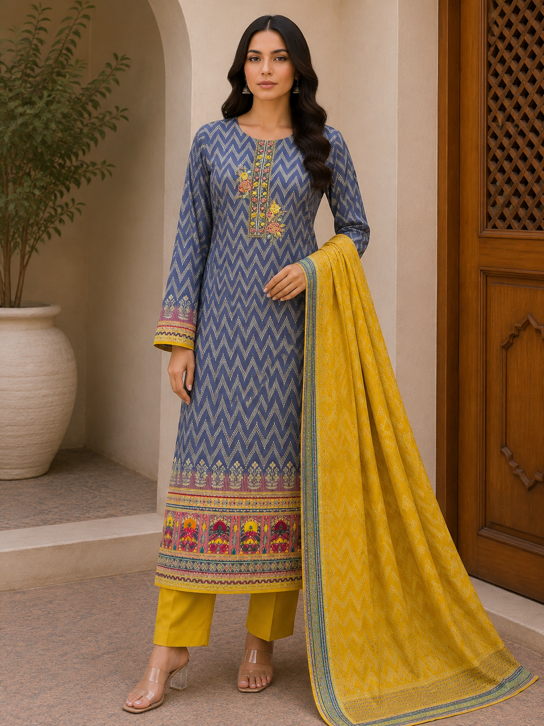 R169 - Unstiched Cotton Silk Suit with Embroidery - Navy Blue