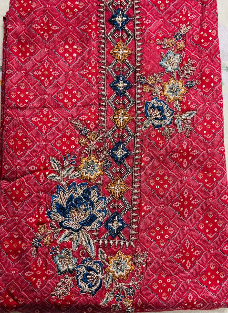 R170 - Unstiched Cotton Silk Suit with Embroidery - Pink