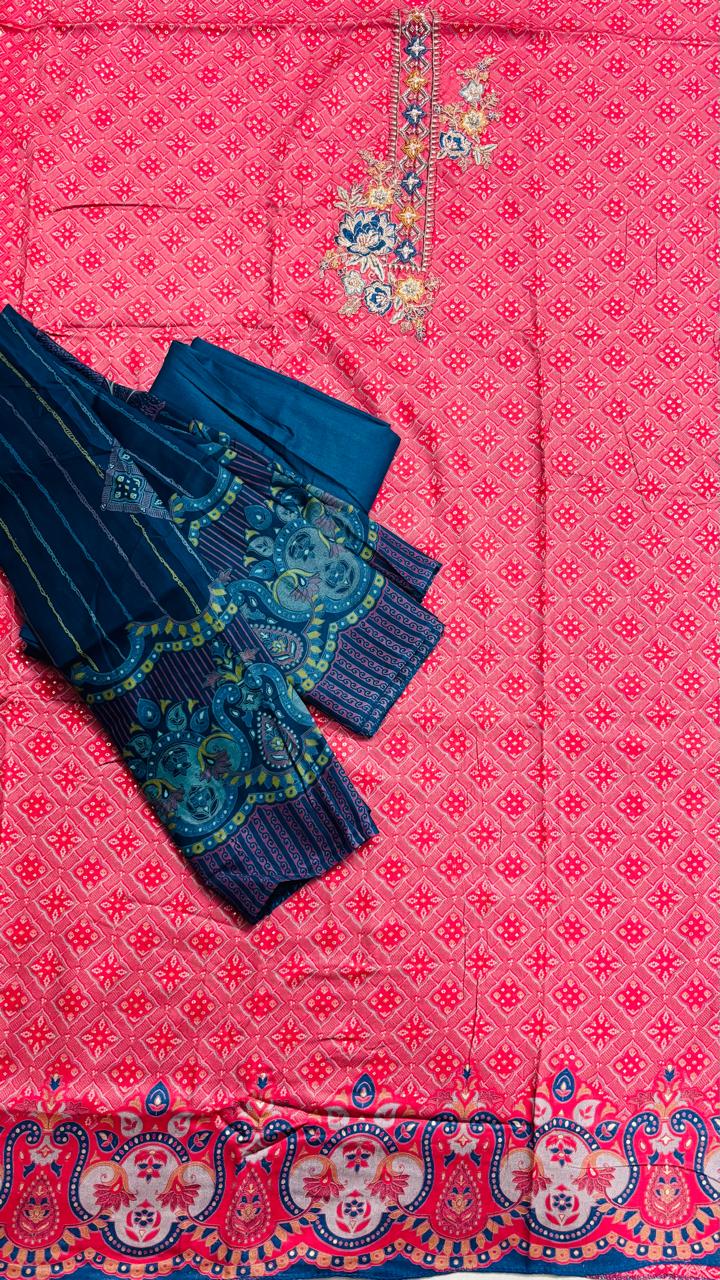 R170 - Unstiched Cotton Silk Suit with Embroidery - Pink