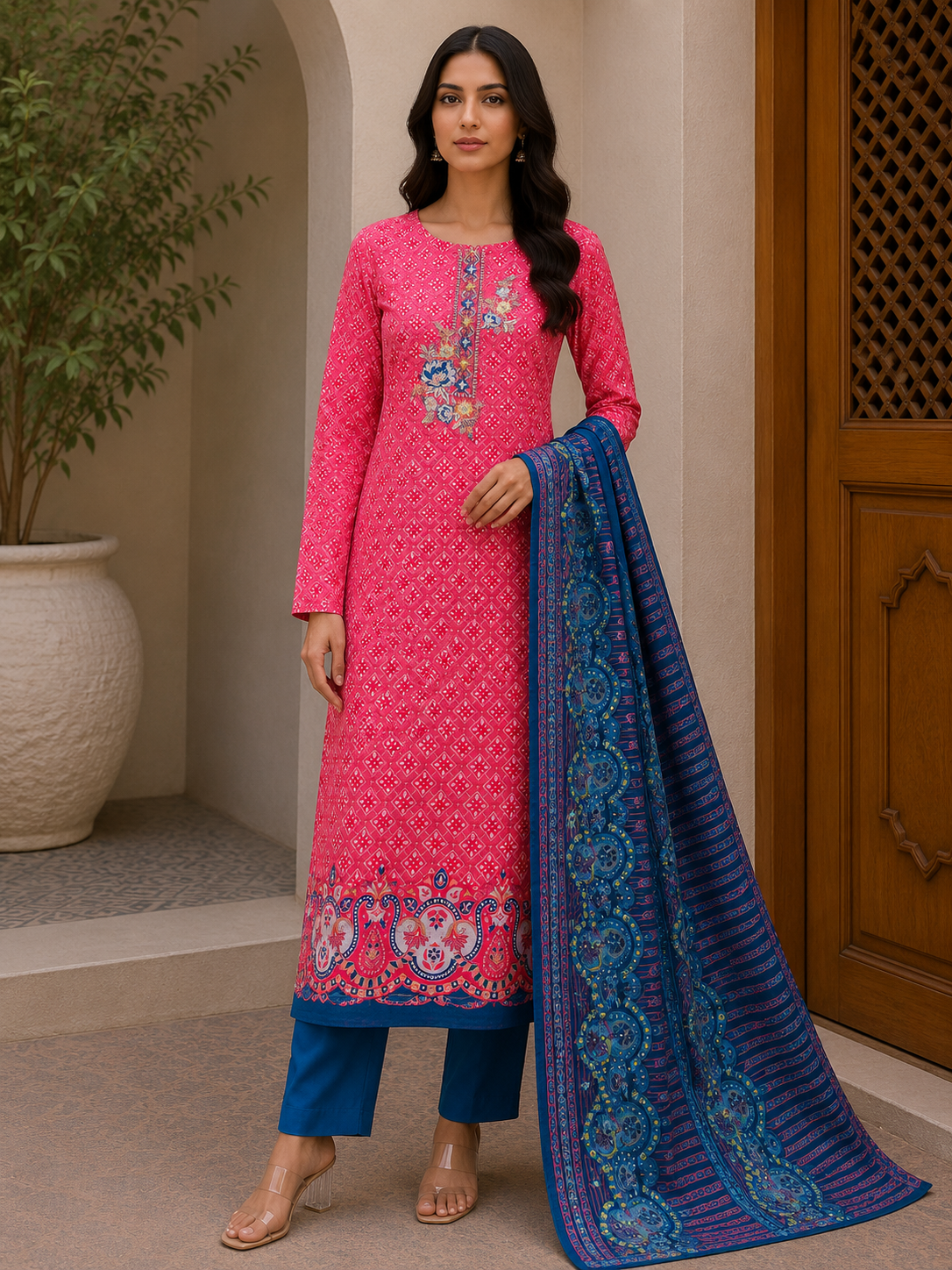 R170 - Unstiched Cotton Silk Suit with Embroidery - Pink