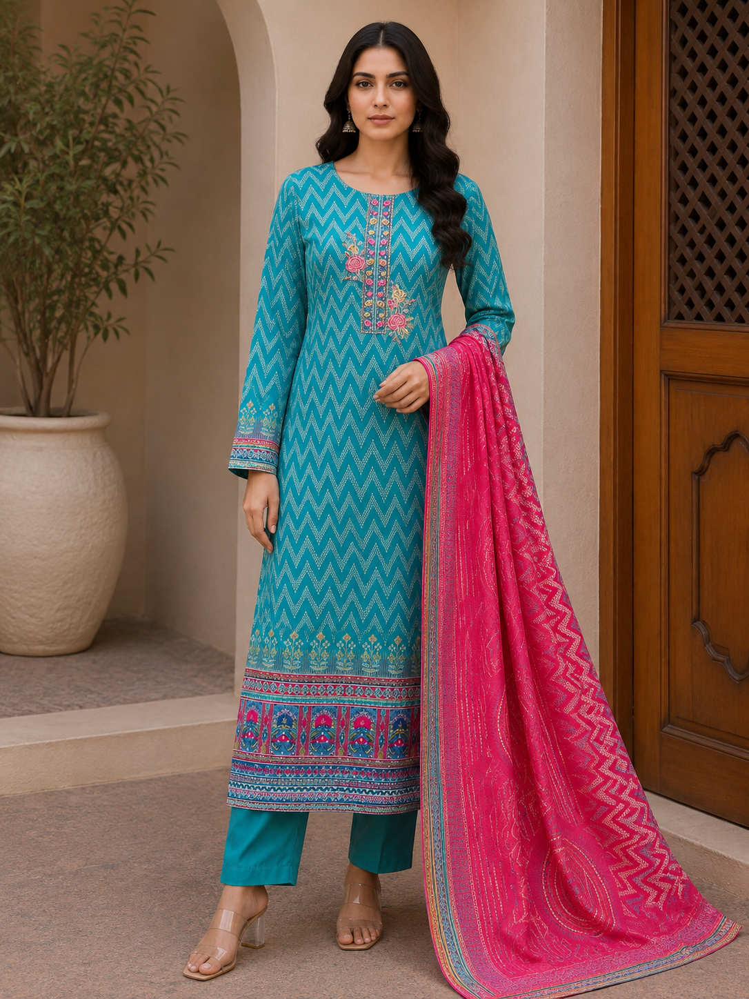 R171 - Unstiched Cotton Silk Suit with Embroidery - Green