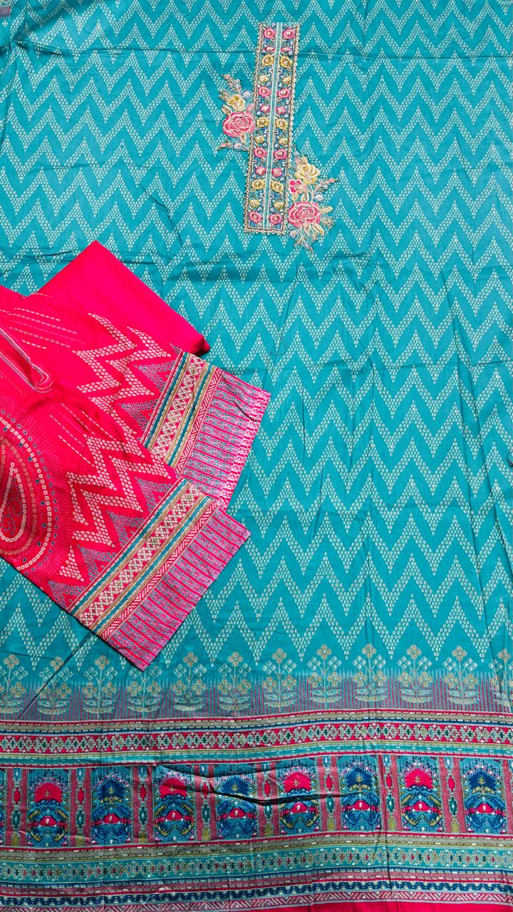 R171 - Unstiched Cotton Silk Suit with Embroidery - Green