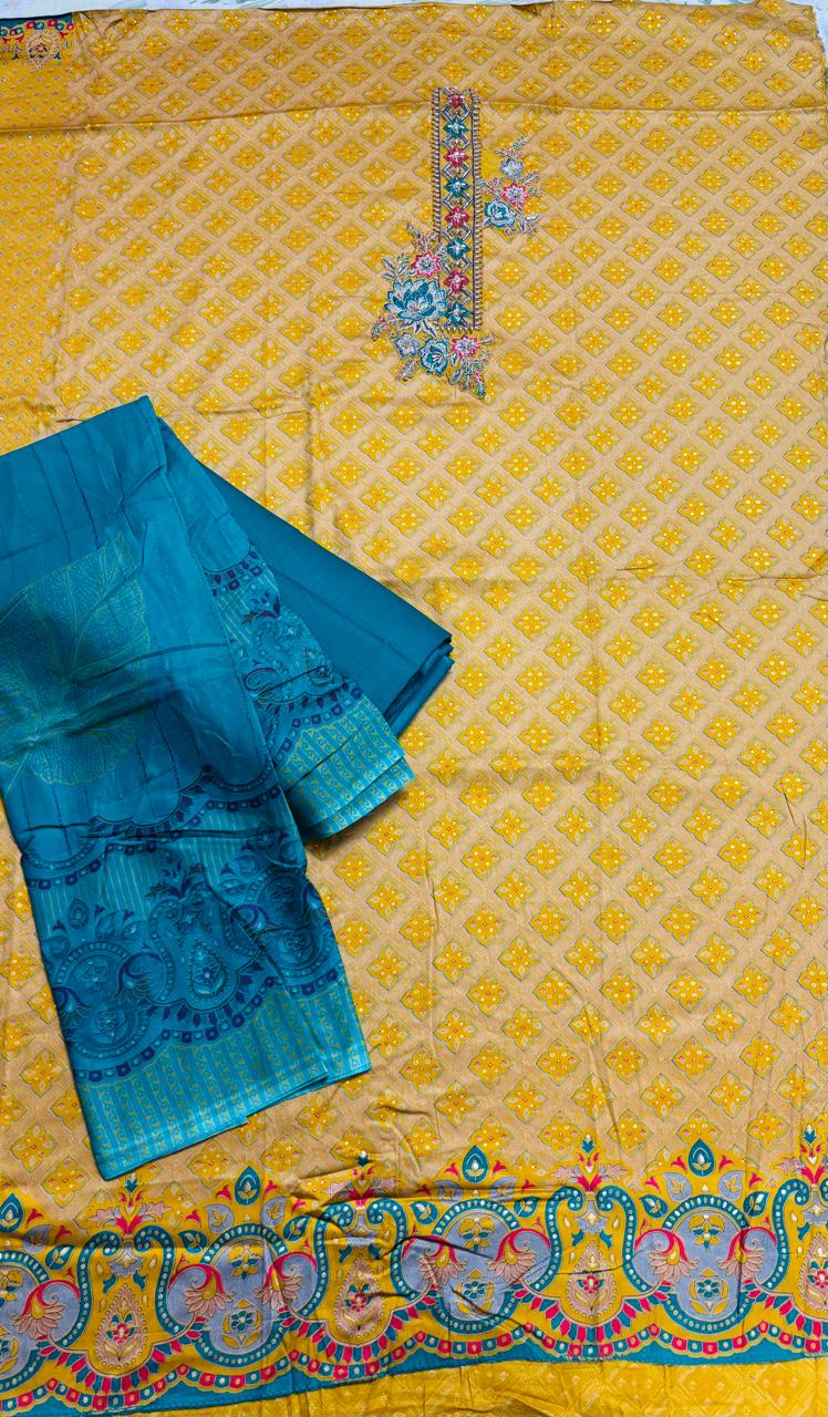 R172 - Unstiched Cotton Silk Suit with Embroidery - Yellow
