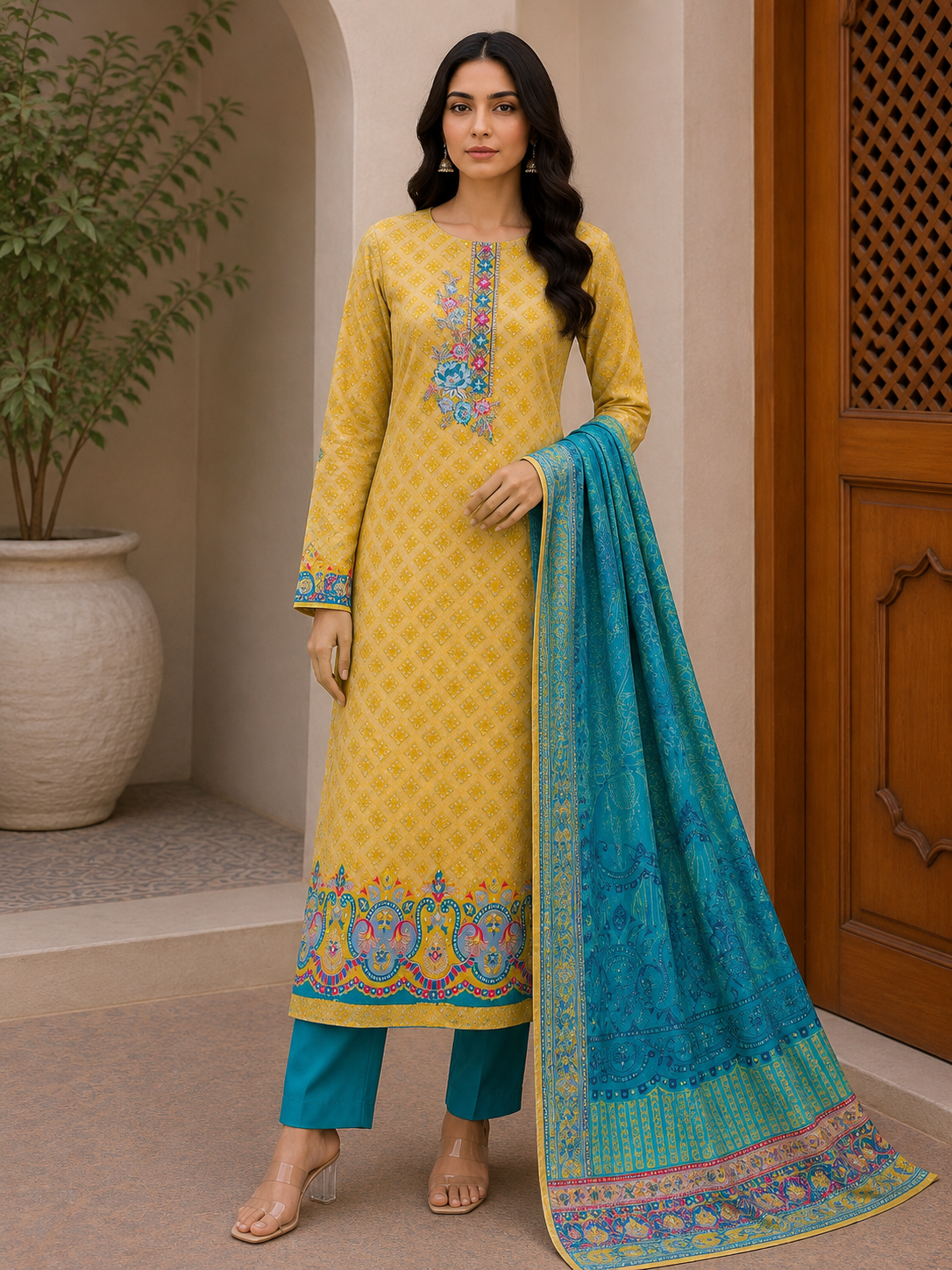 R172 - Unstiched Cotton Silk Suit with Embroidery - Yellow