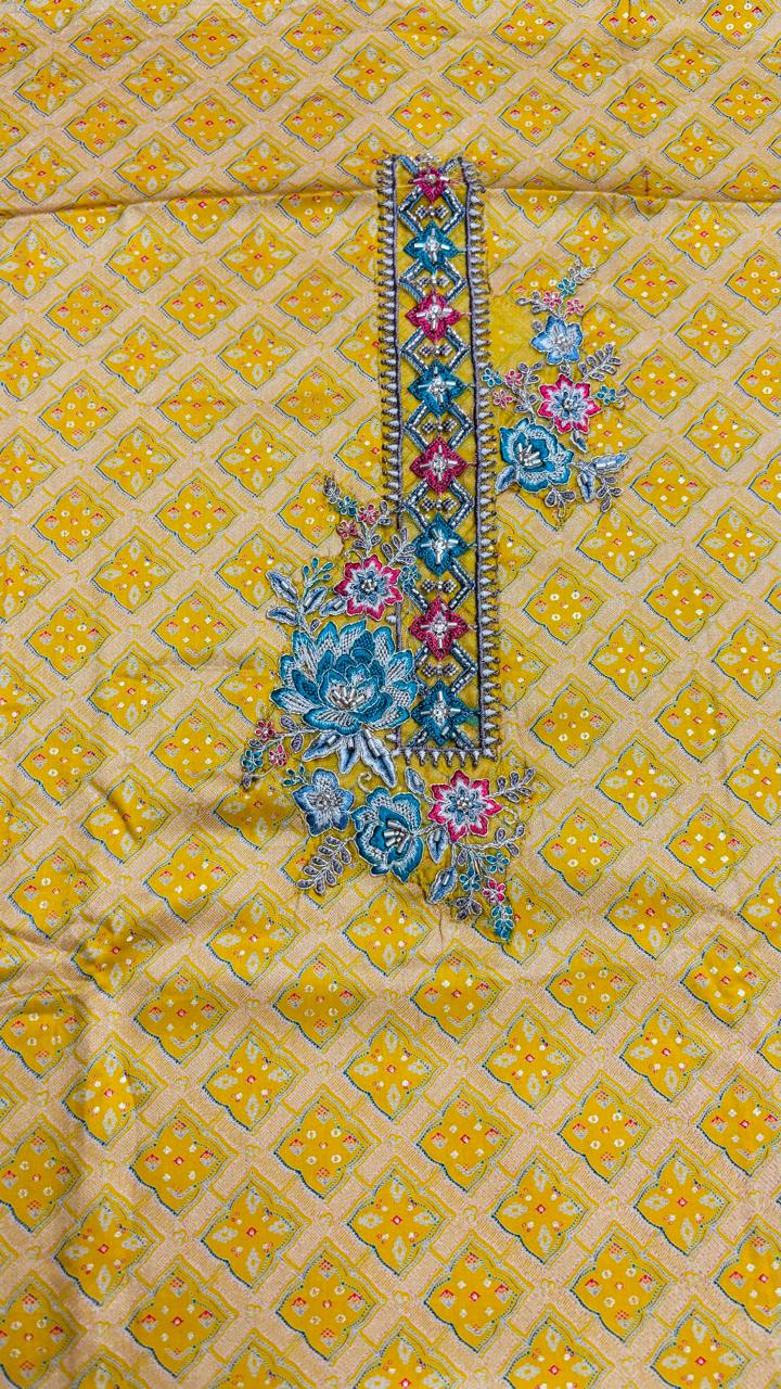 R172 - Unstiched Cotton Silk Suit with Embroidery - Yellow