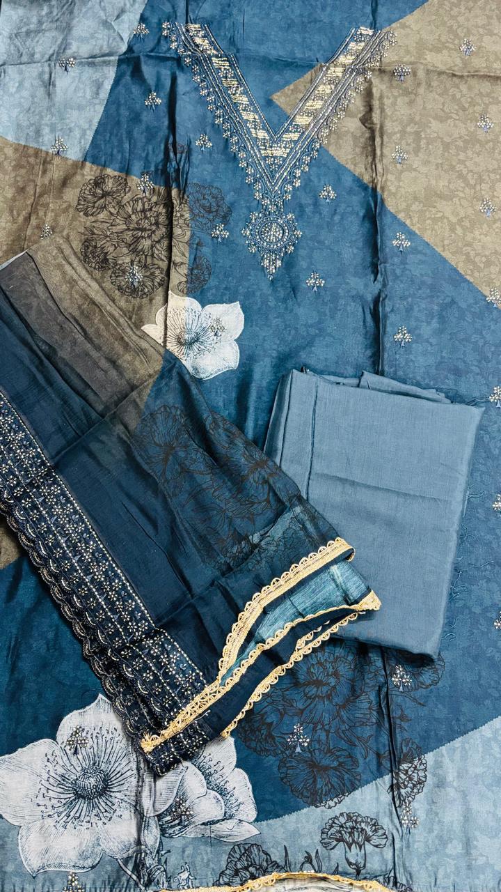 R173 - Unstiched Floral Muslin Ethnic Suit - Blue