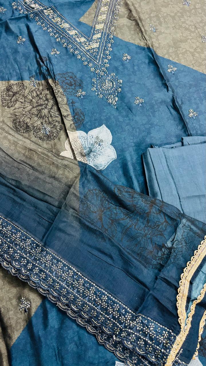 R173 - Unstiched Floral Muslin Ethnic Suit - Blue