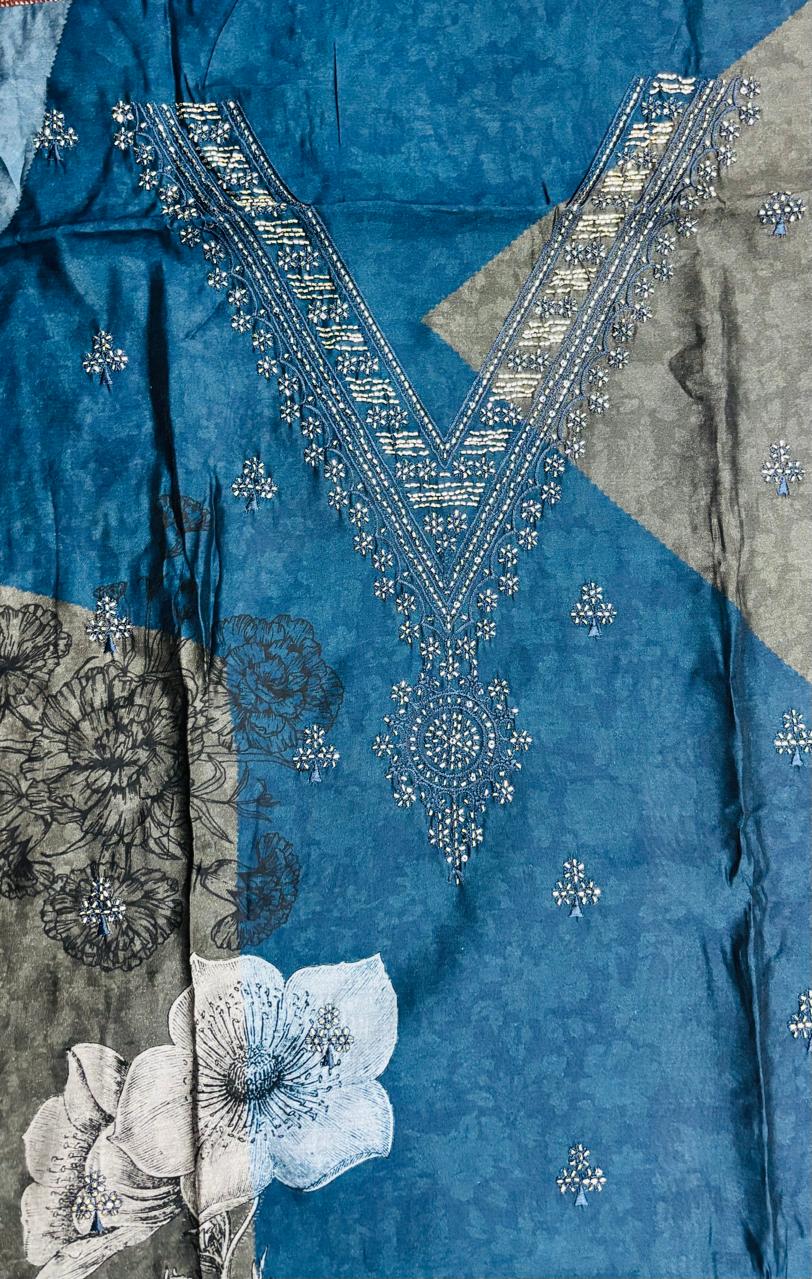 R173 - Unstiched Floral Muslin Ethnic Suit - Blue
