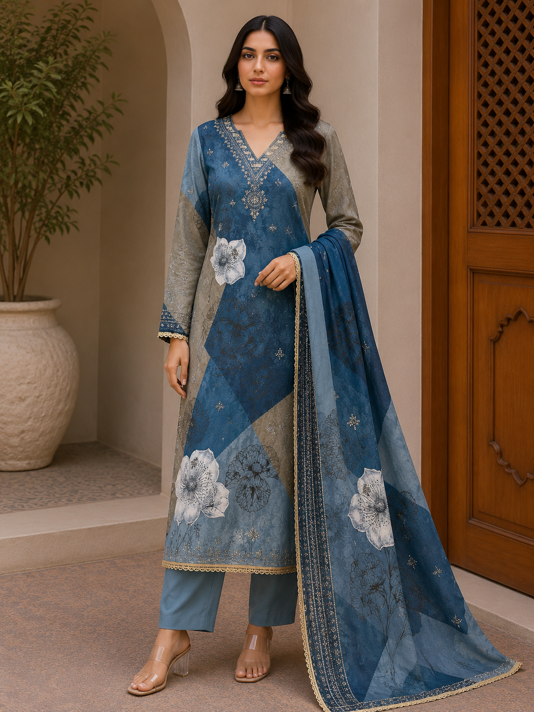 R173 - Unstiched Floral Muslin Ethnic Suit - Blue