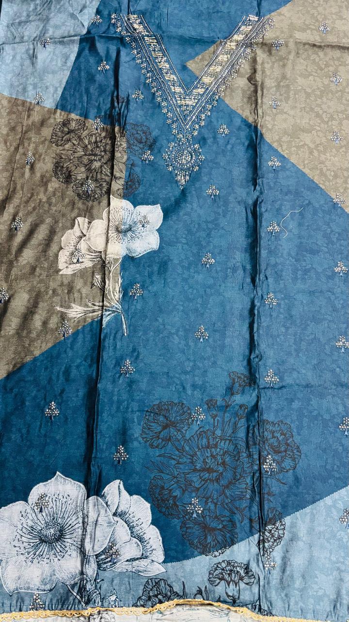 R173 - Unstiched Floral Muslin Ethnic Suit - Blue