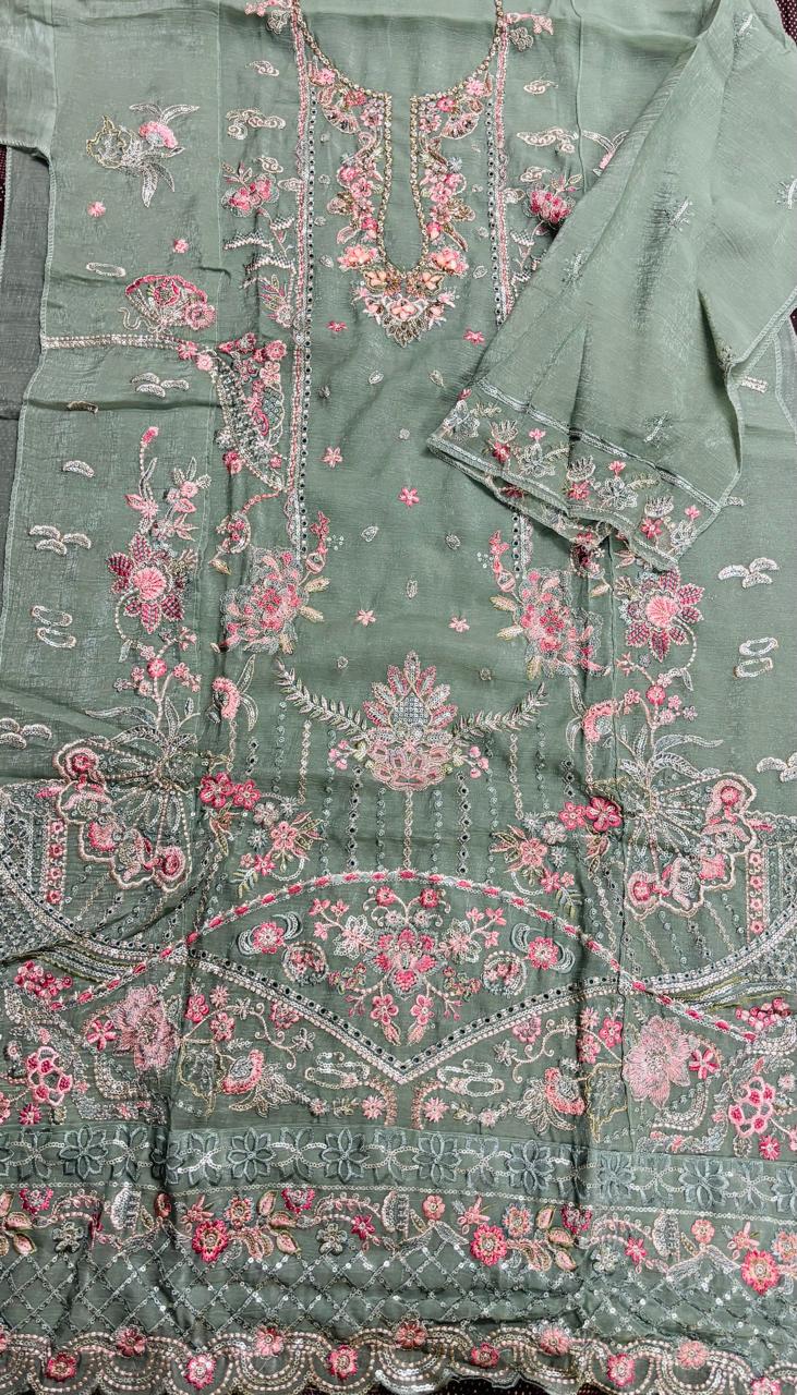 R174 - Unstiched Floral Embroidered Shimmer Crush Suit - Green