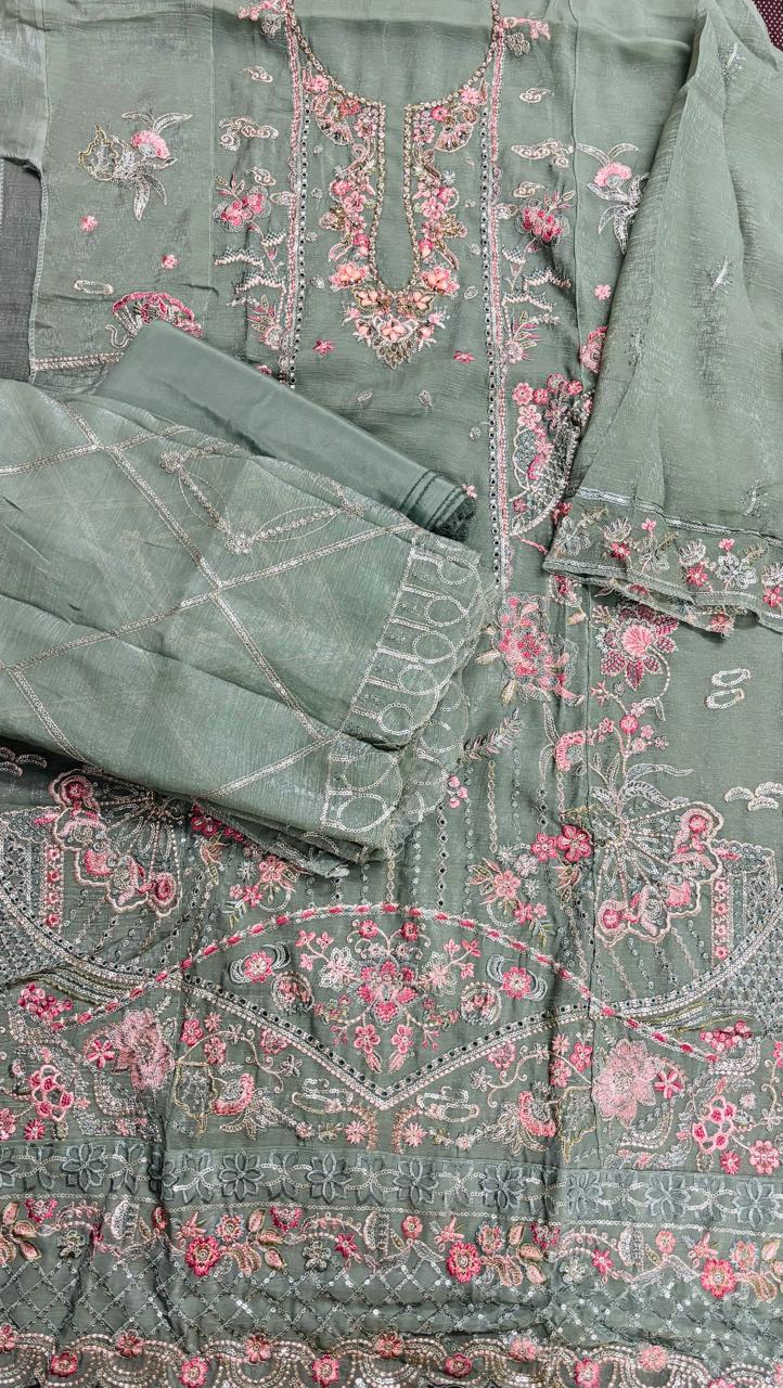 R174 - Unstiched Floral Embroidered Shimmer Crush Suit - Green