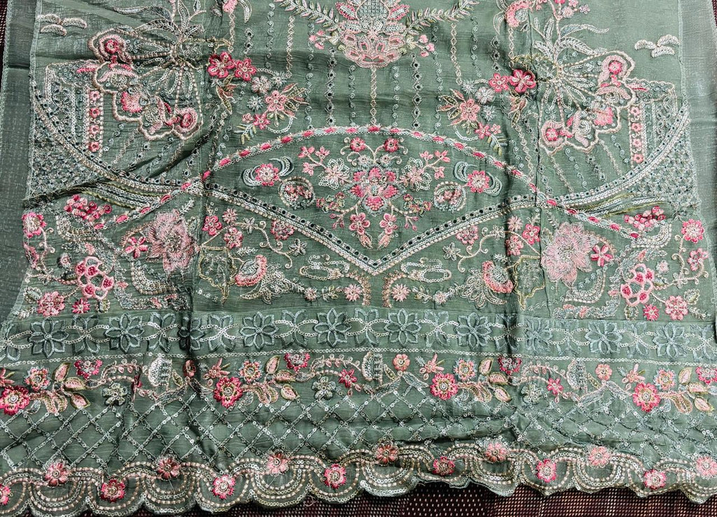 R174 - Unstiched Floral Embroidered Shimmer Crush Suit - Green