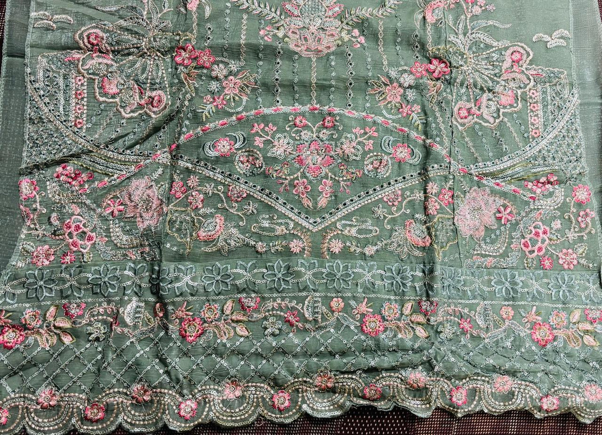 R174 - Unstiched Floral Embroidered Shimmer Crush Suit - Green