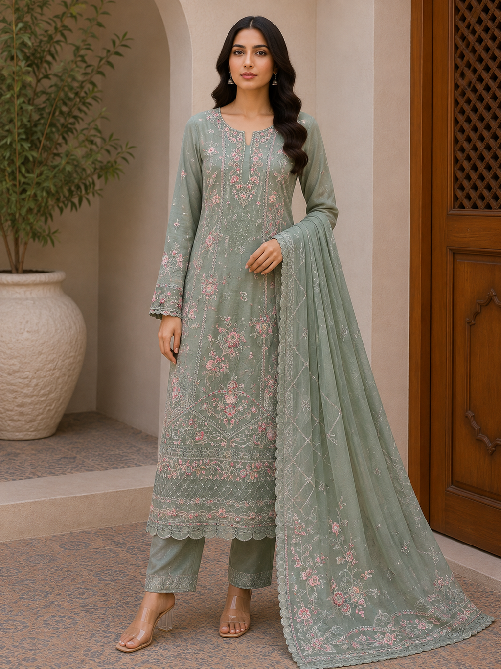 R174 - Unstiched Floral Embroidered Shimmer Crush Suit - Green