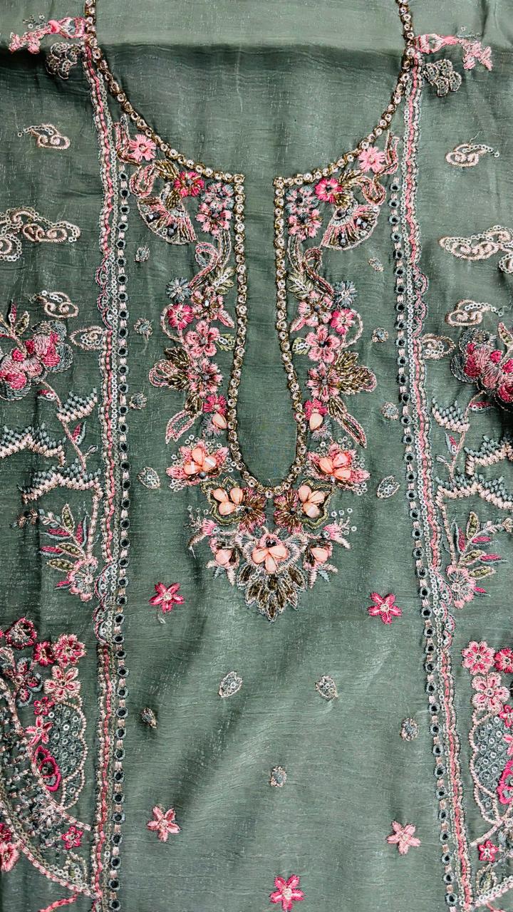 R174 - Unstiched Floral Embroidered Shimmer Crush Suit - Green