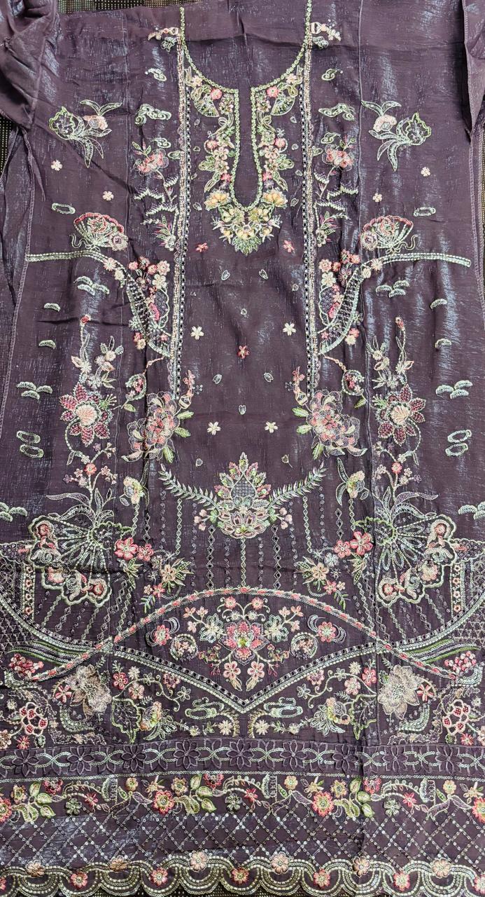 R175 - Unstiched Floral Embroidered Shimmer Crush Suit - Purple