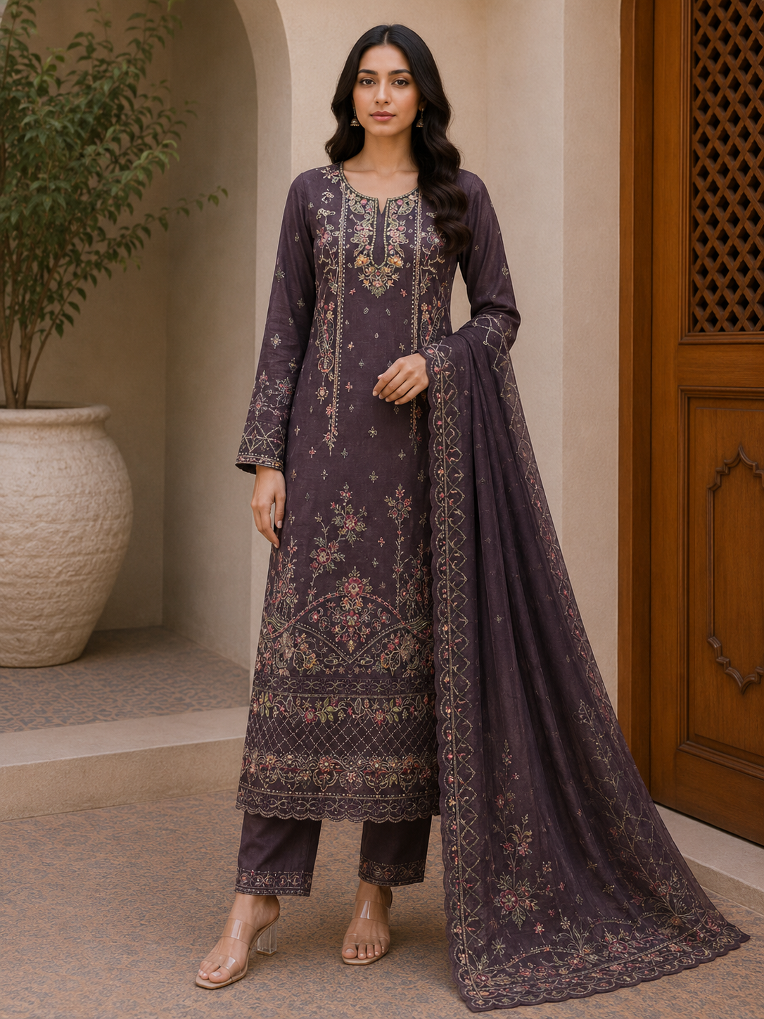 R175 - Unstiched Floral Embroidered Shimmer Crush Suit - Purple