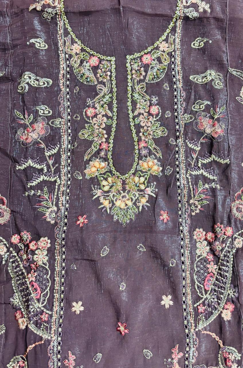 R175 - Unstiched Floral Embroidered Shimmer Crush Suit - Purple