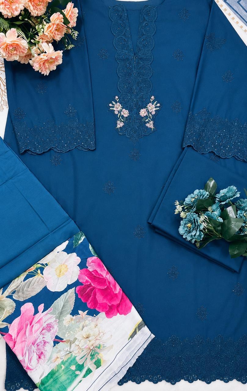 R19 - Unstiched Heavy Embroidery Cotton Suit with Lawn Dupatta