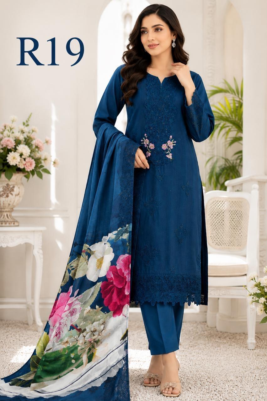 R19 - Unstiched Heavy Embroidery Cotton Suit with Lawn Dupatta