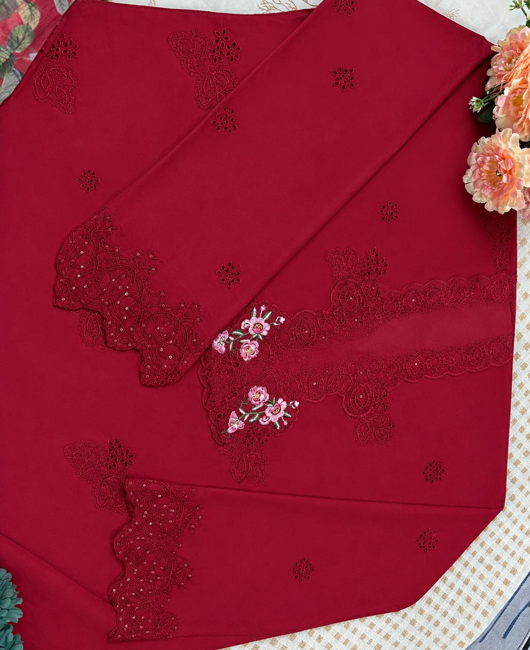 R20 - Unstiched Heavy Embroidery Cotton Suit with Lawn Dupatta
