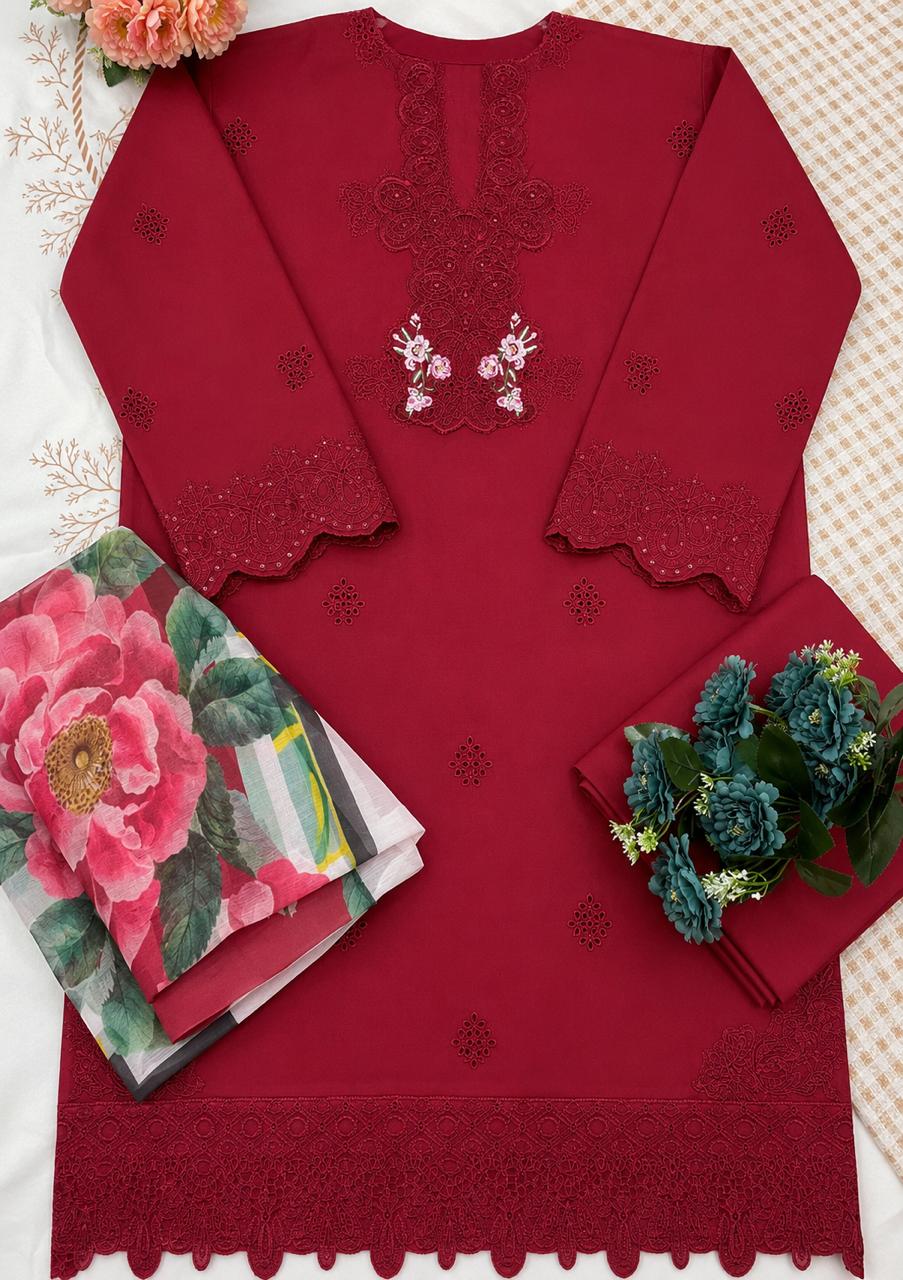 R20 - Unstiched Heavy Embroidery Cotton Suit with Lawn Dupatta