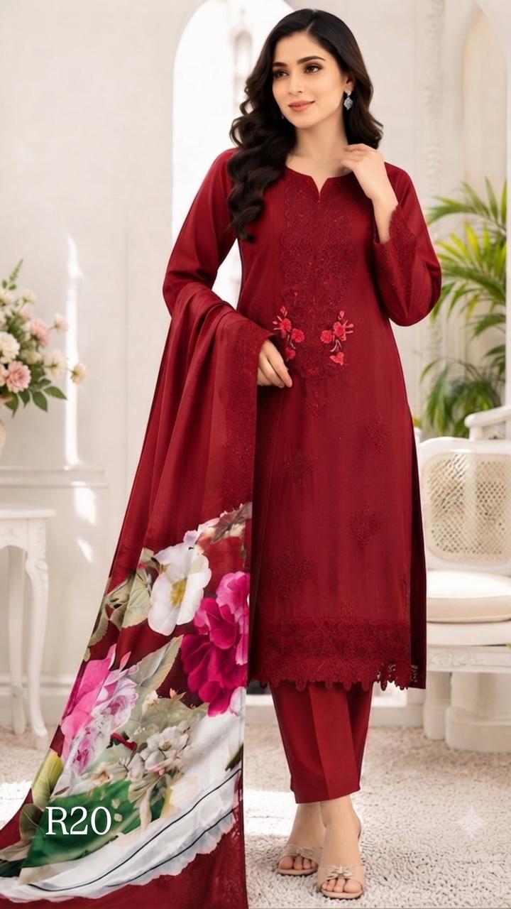 R20 - Unstiched Heavy Embroidery Cotton Suit with Lawn Dupatta