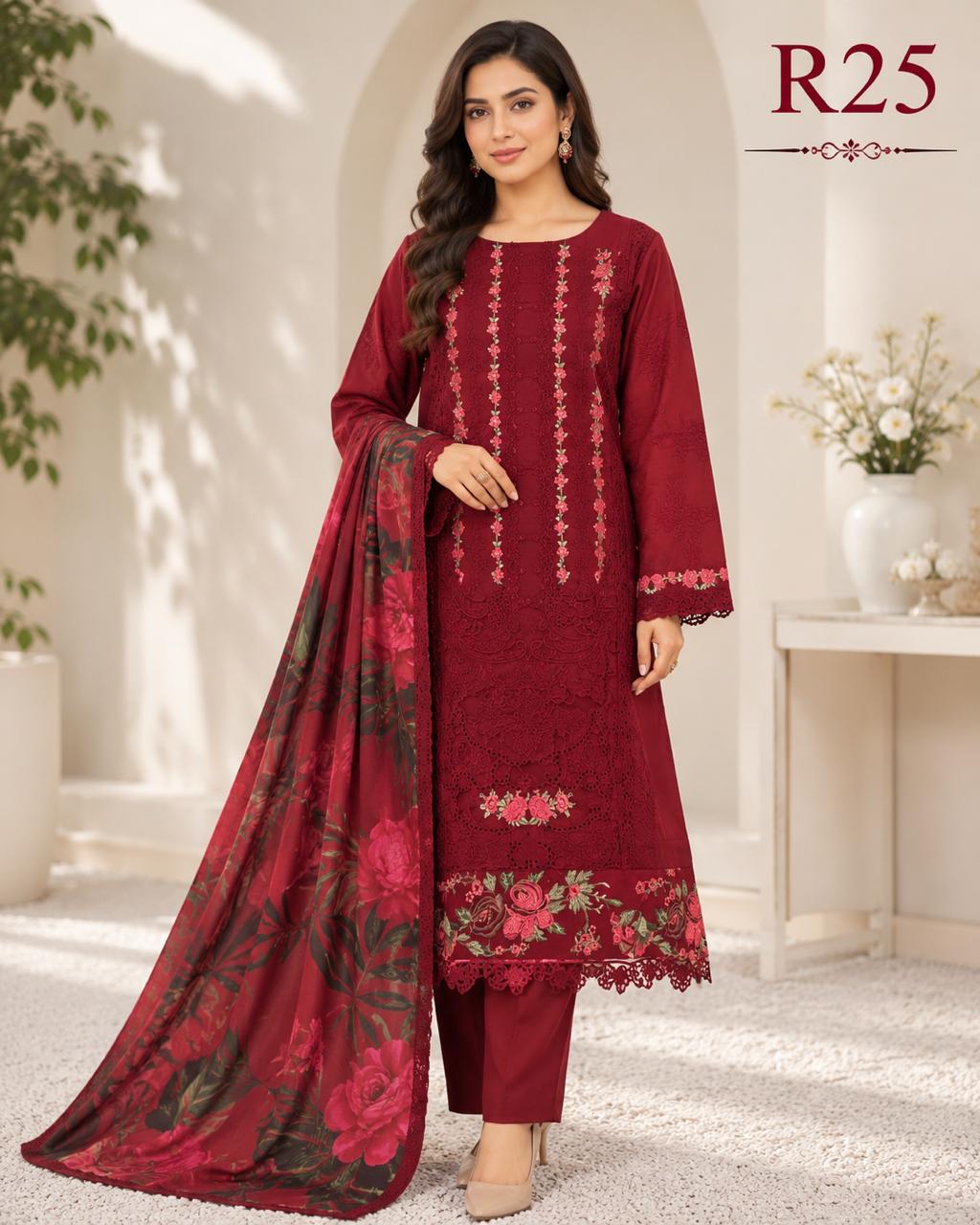 R25 - Unstiched Heavy Embroidery Chikankari Cotton Suit