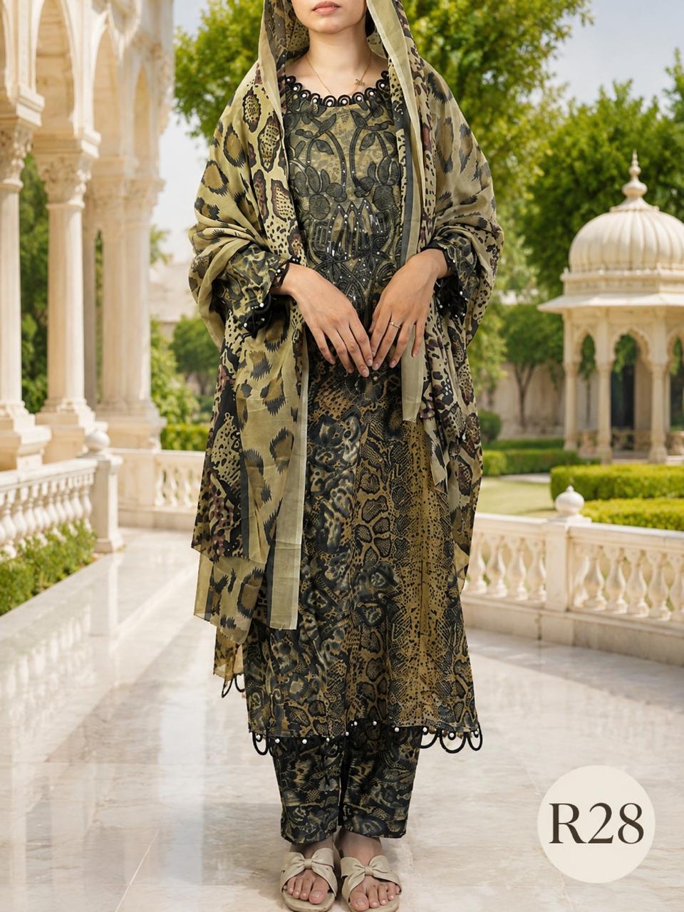 R28 - Unstiched Cotton Print with Patch Embroidery
