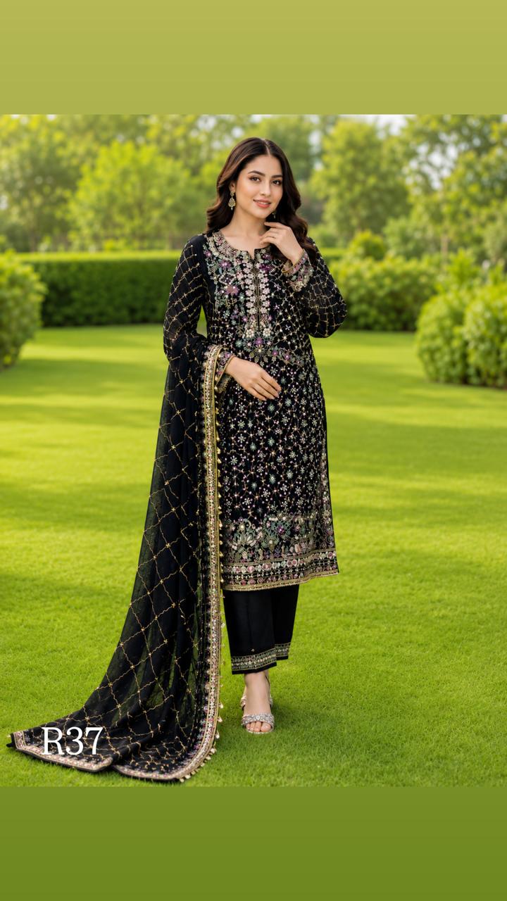 R37 - Unstiched Heavy Embroidery with Handwork Chiffon Suit