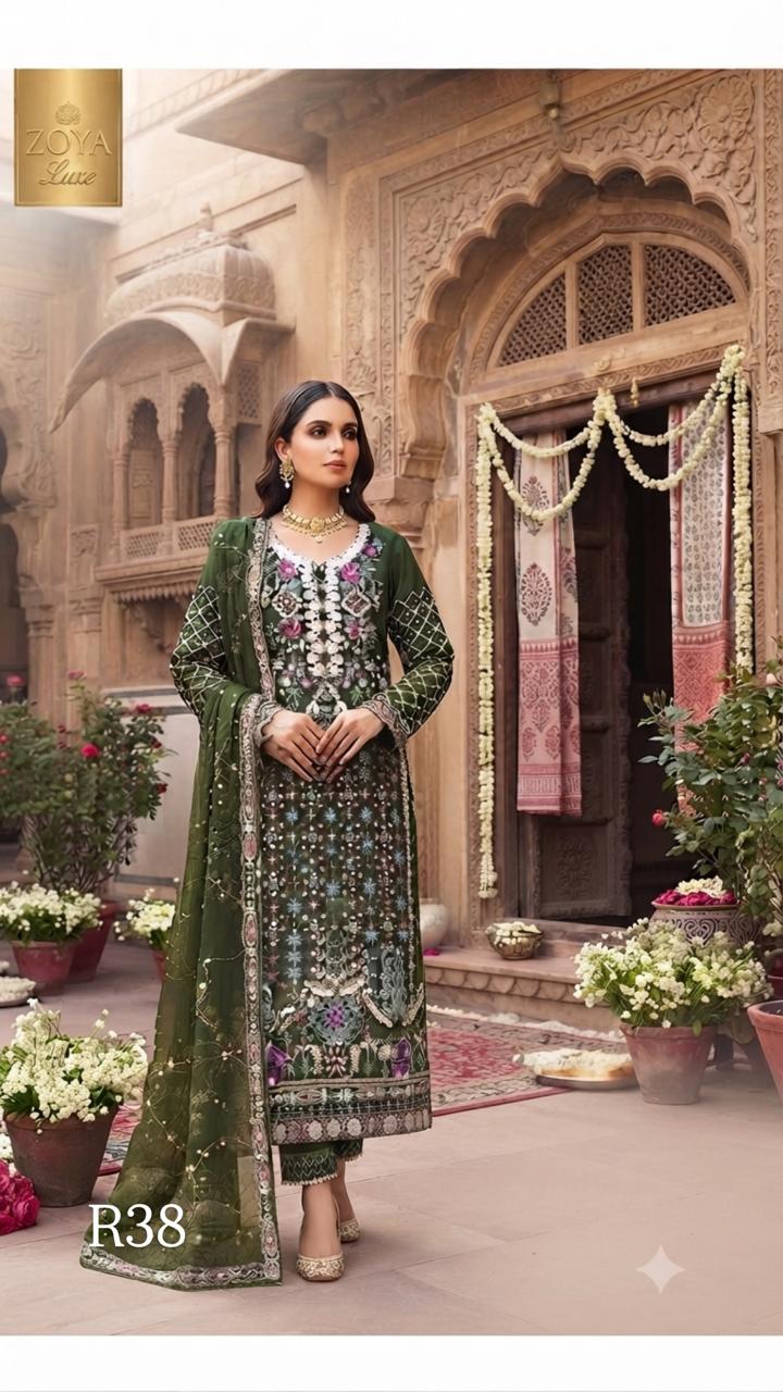 R38 - Unstiched Heavy Embroidery with Handwork Chiffon Suit