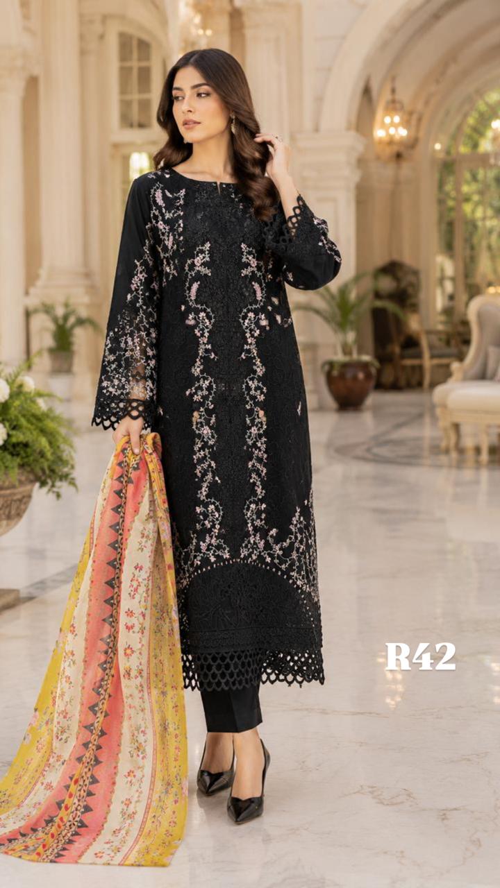 R42 - Unstiched Heavy Embroidery Cambric Cotton Suit
