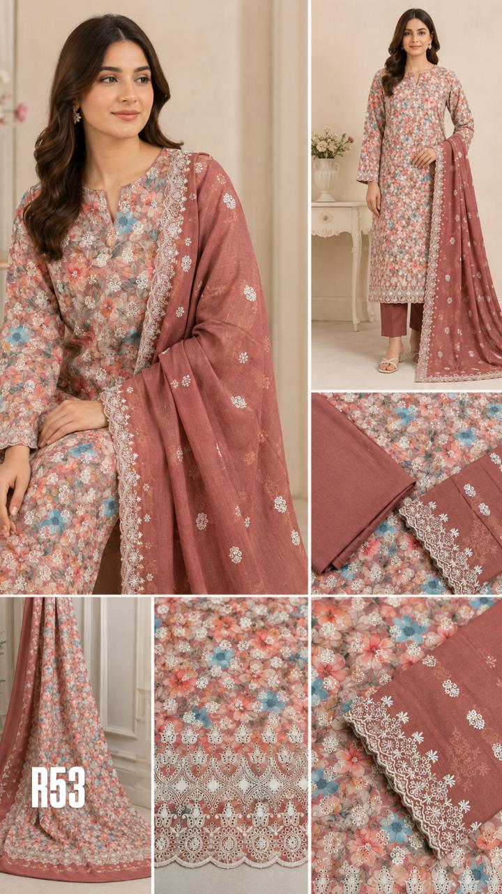 R53 - Unstiched Pure Cotton Embroidered Suit