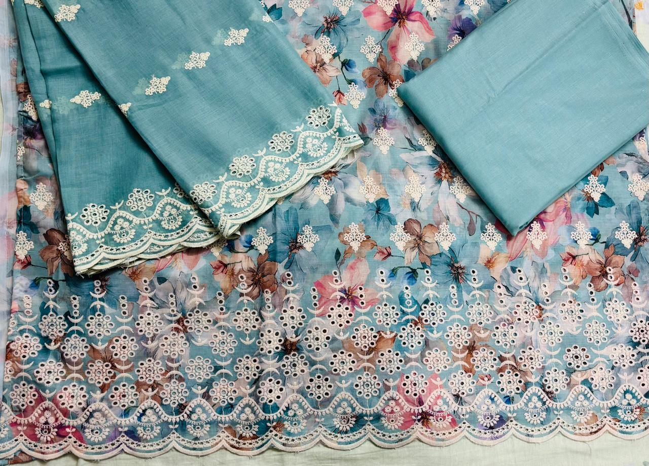 R54 - Unstiched Pure Cotton Embroidered Cutwork Suit