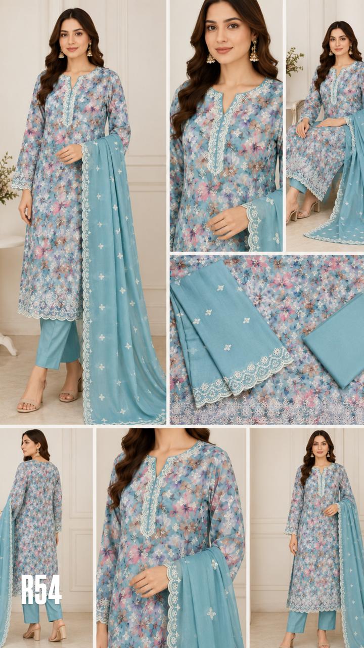 R54 - Unstiched Pure Cotton Embroidered Cutwork Suit