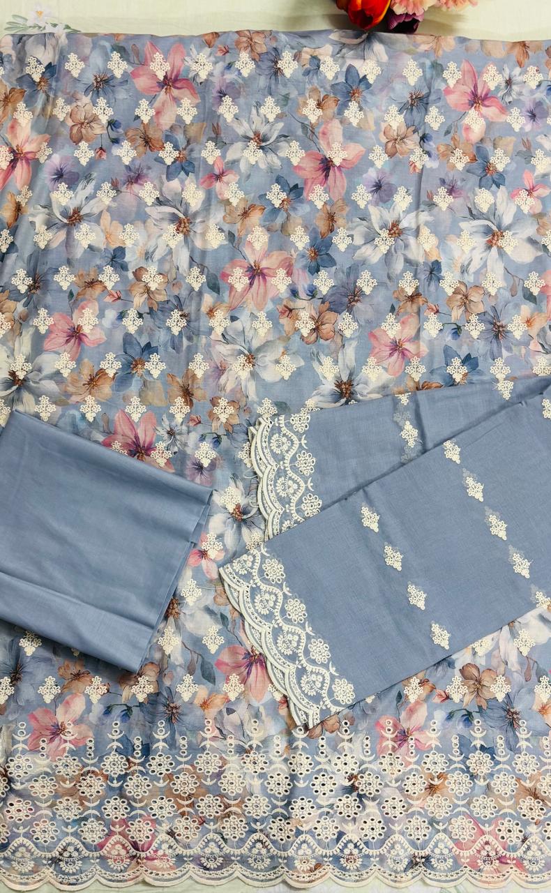R55 - Unstiched Pure Cotton Embroidered Cutwork Suit