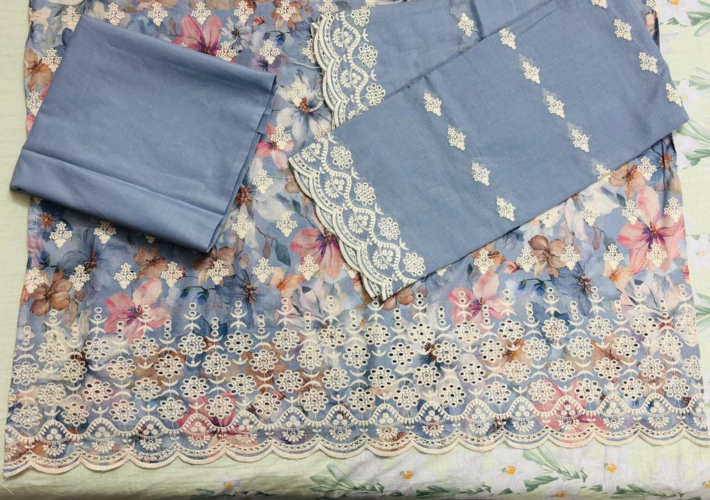 R55 - Unstiched Pure Cotton Embroidered Cutwork Suit
