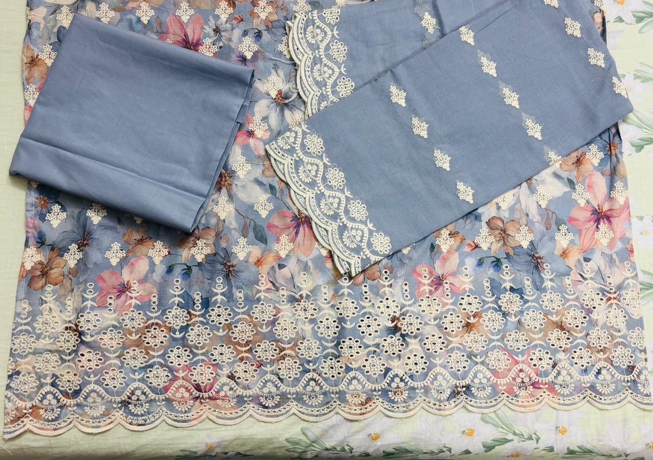 R55 - Unstiched Pure Cotton Embroidered Cutwork Suit