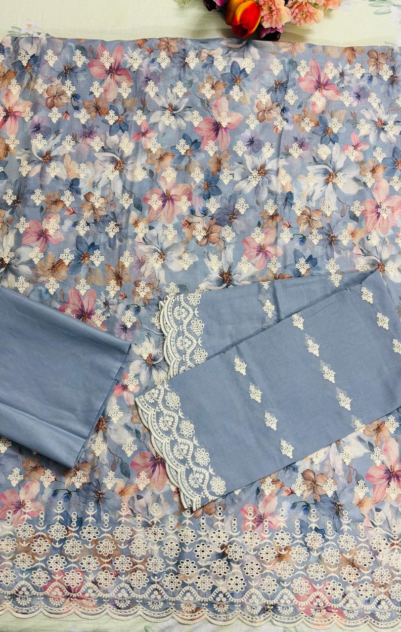 R55 - Unstiched Pure Cotton Embroidered Cutwork Suit