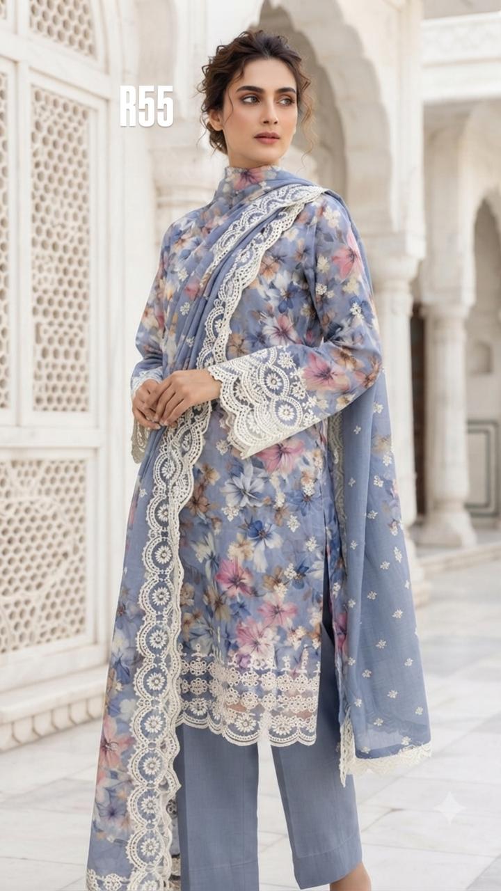 R55 - Unstiched Pure Cotton Embroidered Cutwork Suit