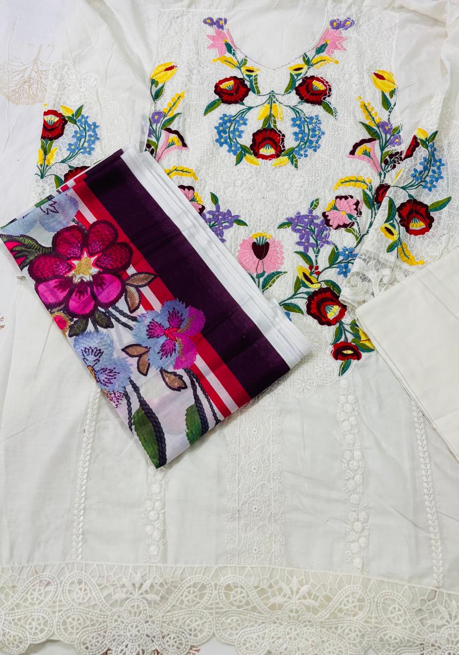 R15 - Semi Stiched Maria B inspired Premium Embroidered Suit - White