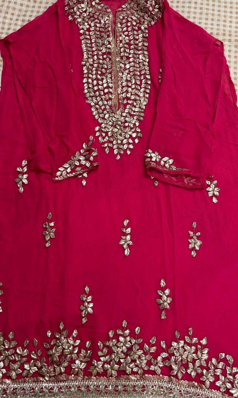 R181 - Semi Stiched Gota Patti Work Chiffon Suit - Deep Magenta
