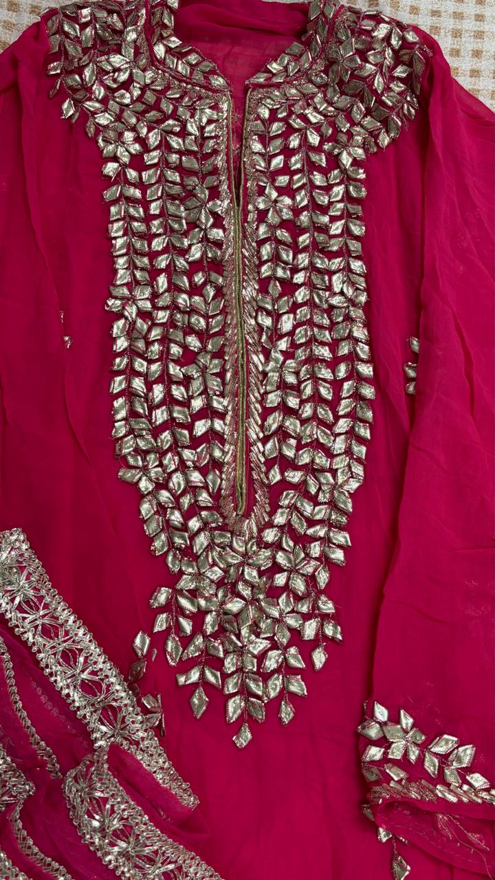 R181 - Semi Stiched Gota Patti Work Chiffon Suit - Deep Magenta