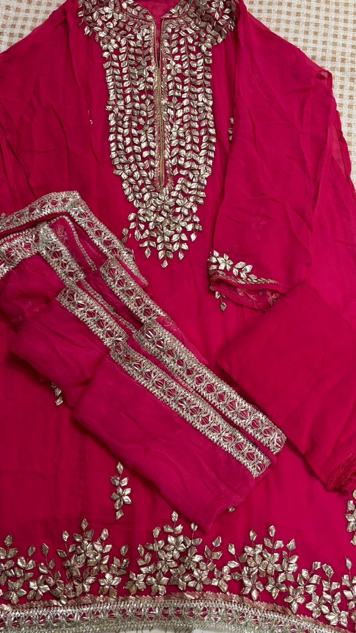 R181 - Semi Stiched Gota Patti Work Chiffon Suit - Deep Magenta