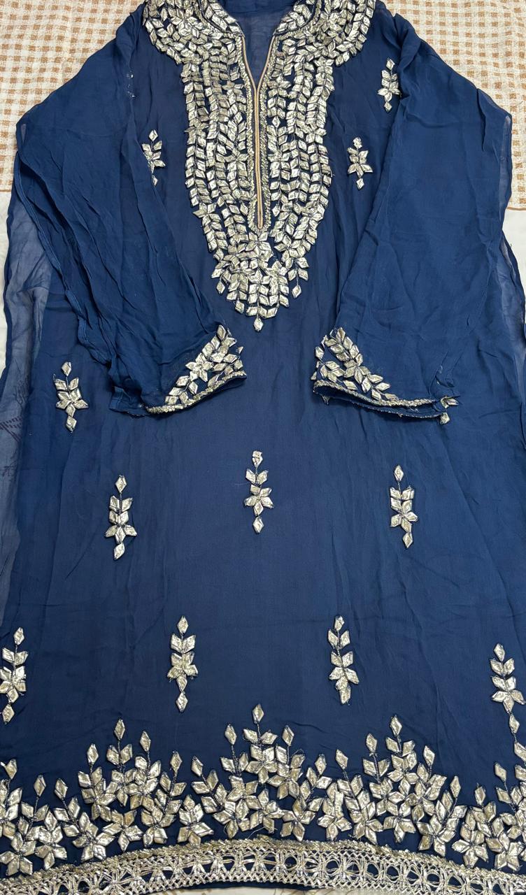 R178 - Semi Stiched Gota Patti Work Chiffon Suit - Navy Blue