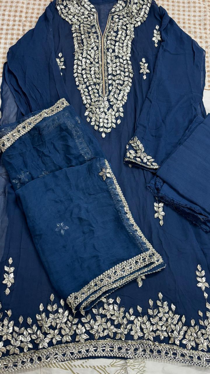 R178 - Semi Stiched Gota Patti Work Chiffon Suit - Navy Blue